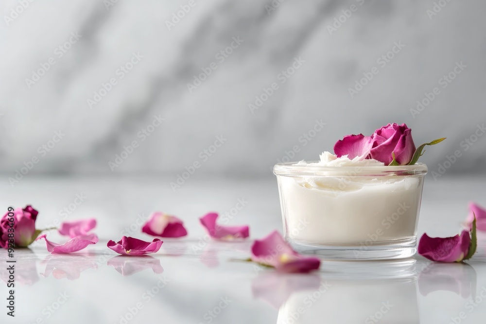 A small glass jar holds luxurious body butter, complemented by scattered rose petals on the elegant marble surface, creating a soothing aesthetic A small glass jar holds luxurious body butter, complemented by scattered rose petals on the elegant marble surface, creating a soothing aesthetic