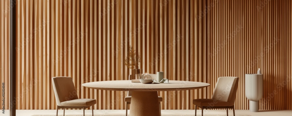 A minimalist dining area with a round table, minimalist chairs, and a background of textured wood slats A minimalist dining area with a round table, minimalist chairs, and a background of textured wood slats
