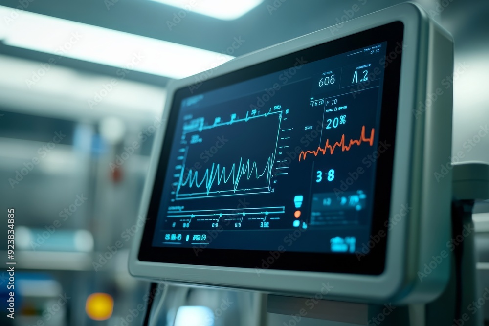A heart rate monitor screen displays real-time data in a high-tech medical facility, showcasing vital signs and health metrics of a monitored patient A heart rate monitor screen displays real-time data in a high-tech medical facility, showcasing vital signs and health metrics of a monitored patient