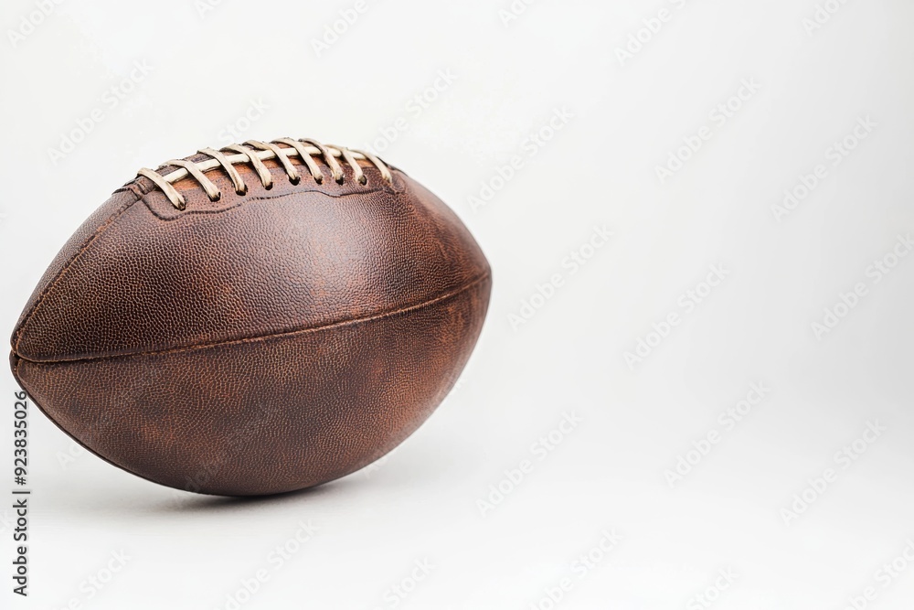 A brown American football is showcased against a minimalistic white background, highlighting its texture and design features A brown American football is showcased against a minimalistic white background, highlighting its texture and design features