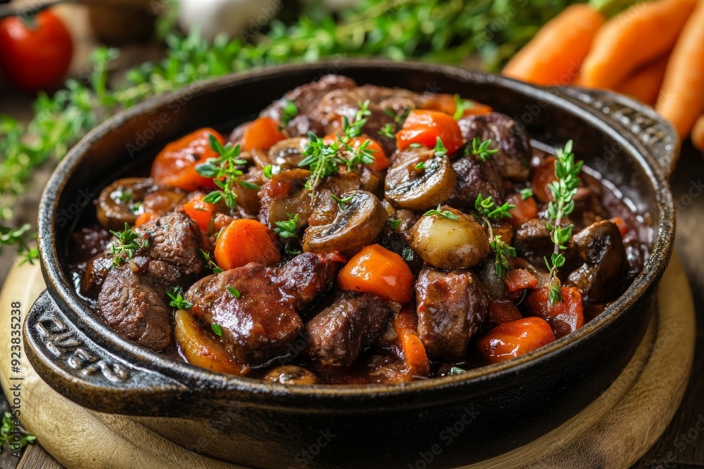 Savory Beef Stew with Carrots, Mushrooms, and Fresh Herbs in Cast Iron Pot Savory Beef Stew with Carrots, Mushrooms, and Fresh Herbs in Cast Iron Pot