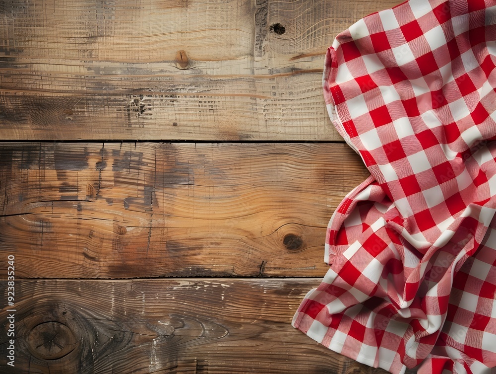 Overhead View of Red and White Checkered Gingham Table Cloth Covering Wooden Table in Vintage Farmhouse Setting Overhead View of Red and White Checkered Gingham Table Cloth Covering Wooden Table in Vintage Farmhouse Setting