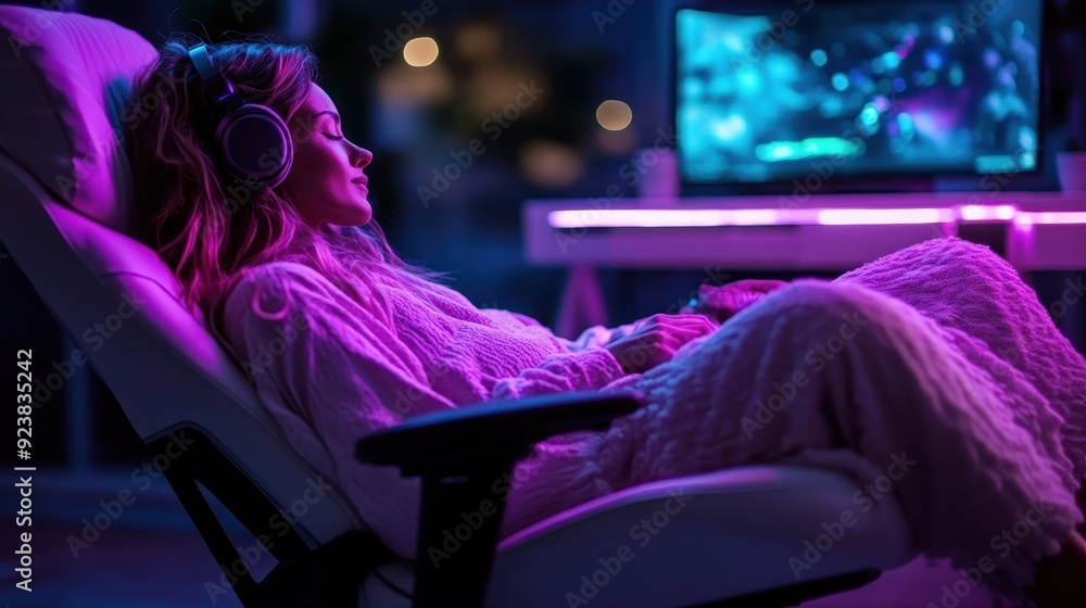 A gamer relaxes in a stylish gaming chair wearing headphones, immersed in a gaming setup featuring a brightly lit monitor and various colorful tones creating a cool ambiance. A gamer relaxes in a stylish gaming chair wearing headphones, immersed in a gaming setup featuring a brightly lit monitor and various colorful tones creating a cool ambiance.