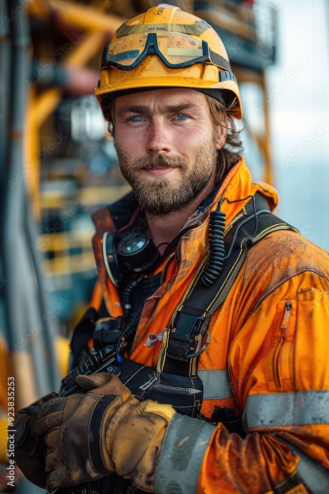 Portrait of oil rig worker in safety gear on the platform. Generative AI. Portrait of oil rig worker in safety gear on the platform. Generative AI.
