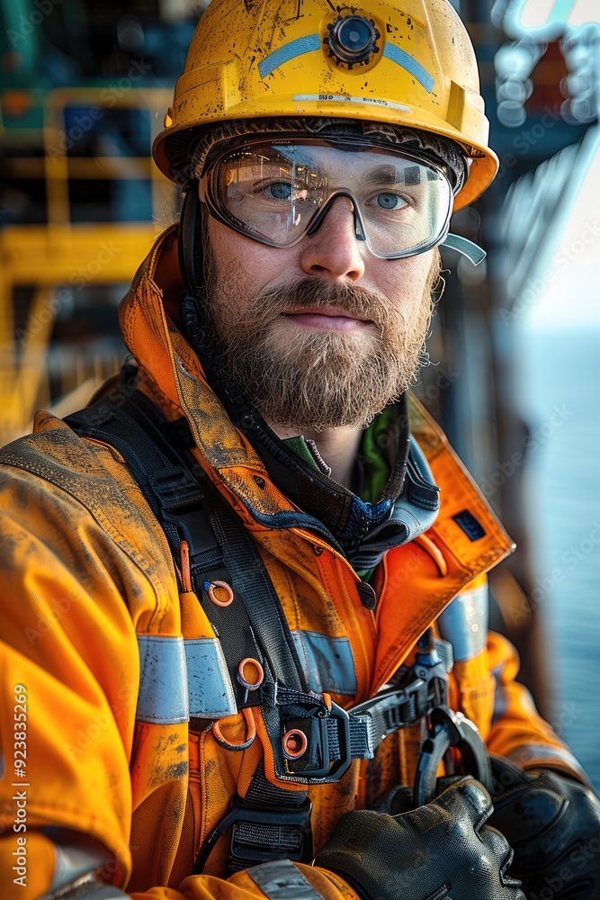 Portrait of oil rig worker in safety gear on the platform. Generative AI. Portrait of oil rig worker in safety gear on the platform. Generative AI.