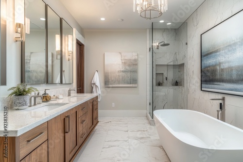 This luxurious bathroom showcases a spacious layout with modern fixtures and elegant design elements, creating a perfect blend of style and comfort