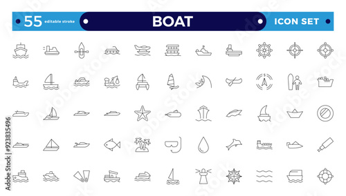Boat outline icon set. Yacht, icon set. yachts motor boats, linear icons. Boat Icon Vector Illustration.  Editable stroke outline icon. 