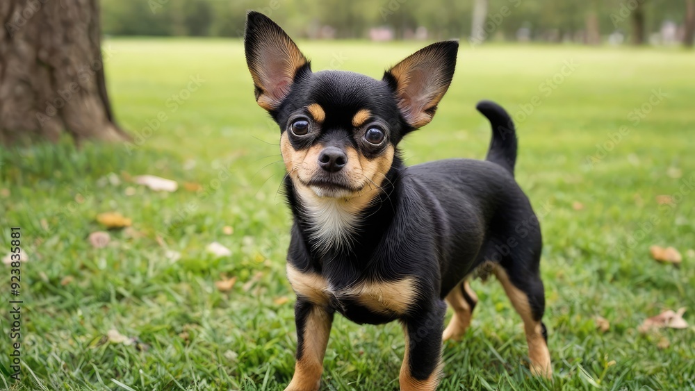 Black and tan smooth coat chihuahua dog  in the park