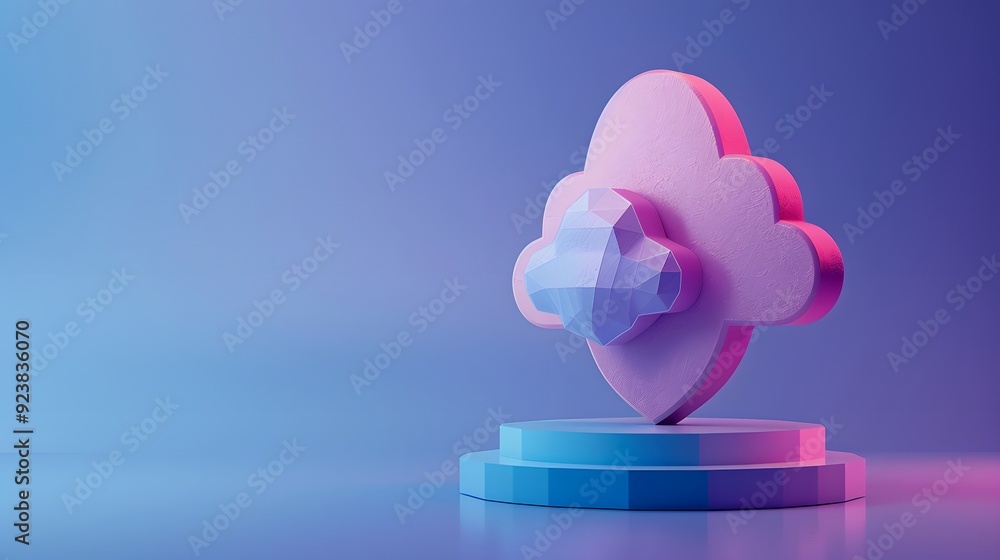 3D illustration of a cloud-shaped symbol on a pedestal with a gradient background, representing cloud computing technology. 3D illustration of a cloud-shaped symbol on a pedestal with a gradient background, representing cloud computing technology.