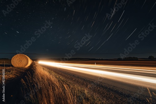 Bright car headlights create captivating light trails along the highway, contrasting with the dark surroundings and a hay bale at the roadside under a star-filled sky photo