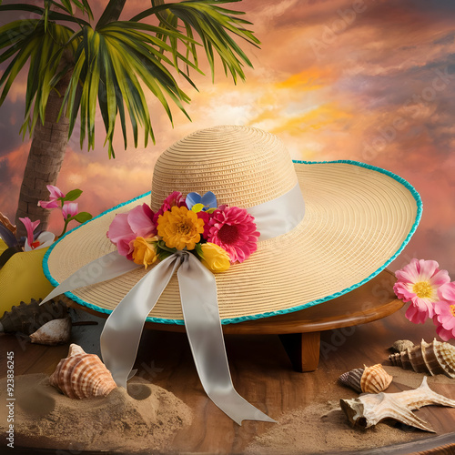 A woman's hat with flowers and seashells on a table photo