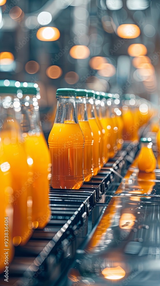 Modern production line for bottling and packaging natural juices and drinks. Concept of an industrial juice bottling plant, conveyor with juice Modern production line for bottling and packaging natural juices and drinks. Concept of an industrial juice bottling plant, conveyor with juice