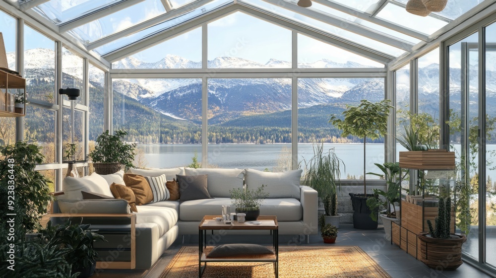Modern living room with large windows showcasing a breathtaking mountain and lake view. Modern living room with large windows showcasing a breathtaking mountain and lake view.