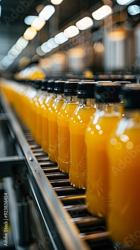 Modern production line for bottling and packaging natural juices and drinks. Concept of an industrial juice bottling plant, conveyor with juice