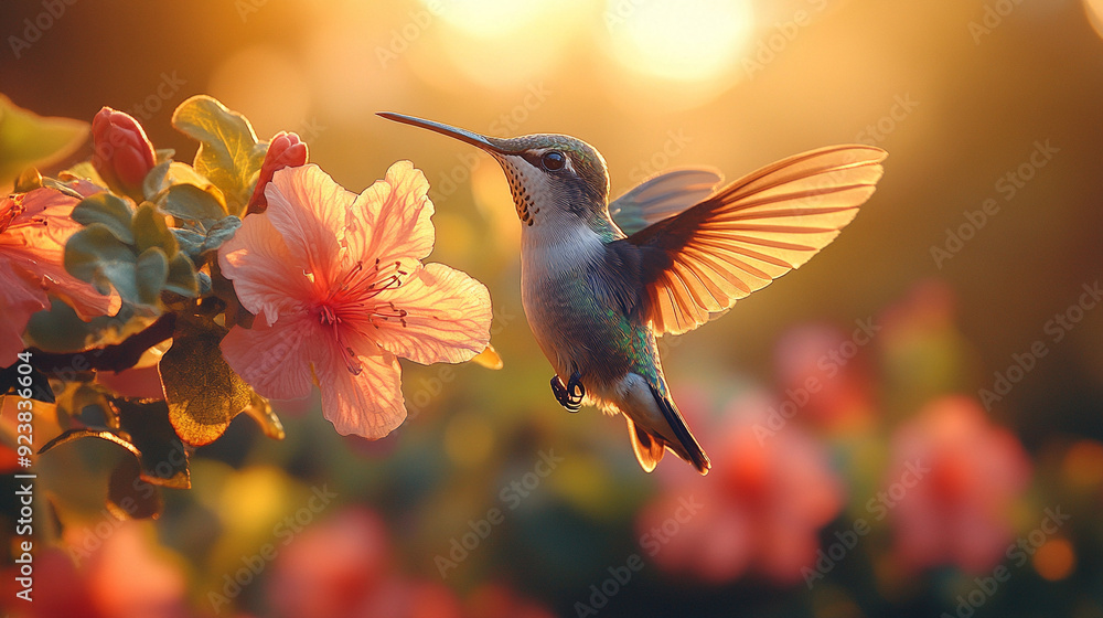 Fototapeta premium A colorful hummingbird hovering near a vibrant flower