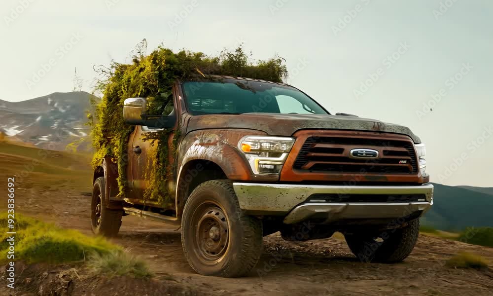 Abandoned pickup truck covered in rust, grass, and weeds, highlighting nature reclaiming metal on a mountain slope under a clear sky Abandoned pickup truck covered in rust, grass, and weeds, highlighting nature reclaiming metal on a mountain slope under a clear sky