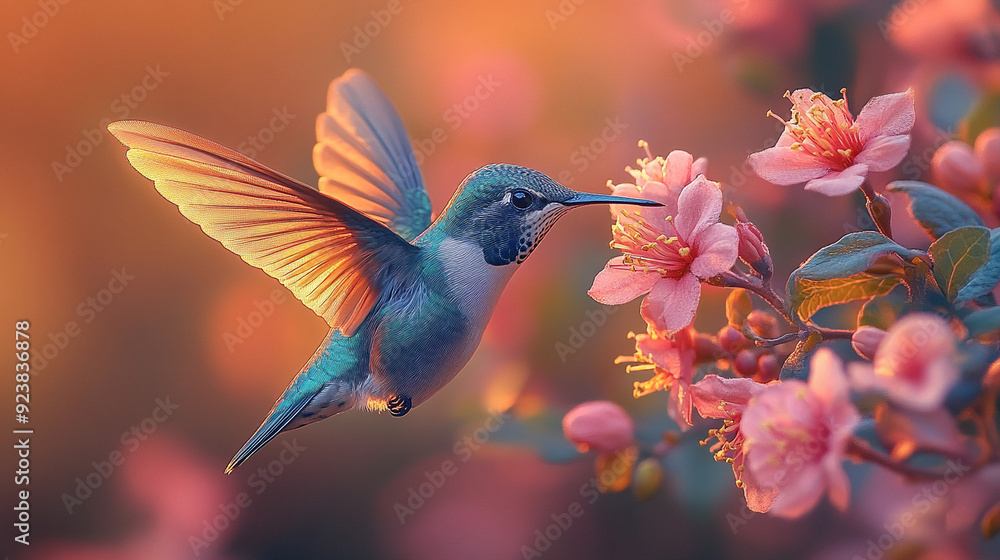 Naklejka premium A colorful hummingbird hovering near a vibrant flower