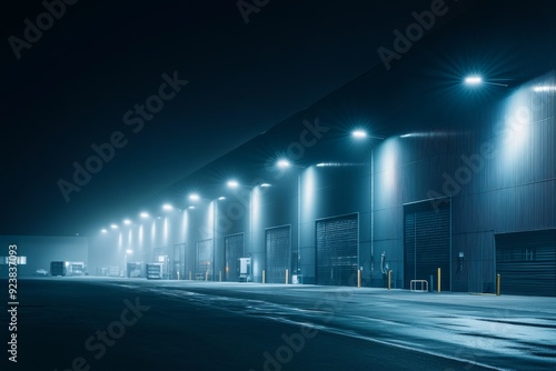 A modern industrial warehouse stands under dramatic lighting at night, surrounded by mist, showcasing its architectural design and serene ambiance photo