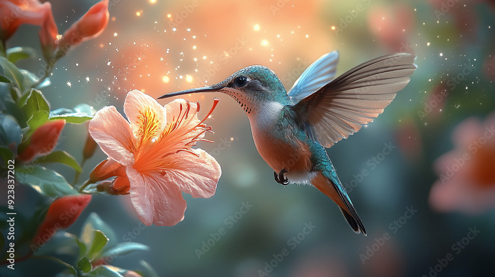 A colorful hummingbird hovering near a vibrant flower A colorful hummingbird hovering near a vibrant flower