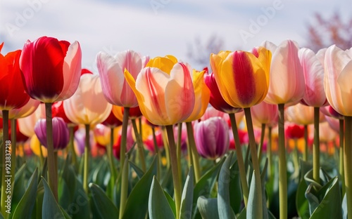 Multicolored Tulips in a wide field, with the flowers in sharp focus and the clear sky softly blurred in the background