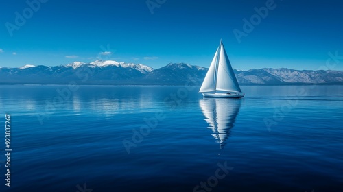 White sailboat sailing on lake,blue sky and mountains in background,beautiful landscape concept.