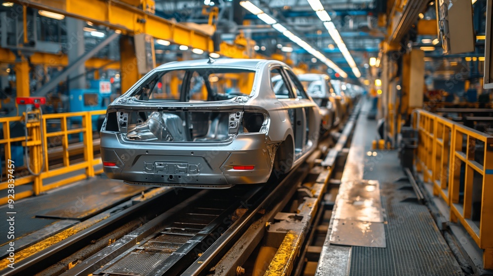 Car bodies move along an assembly line in a modern automotive factory filled with advanced machinery. Car bodies move along an assembly line in a modern automotive factory filled with advanced machinery.