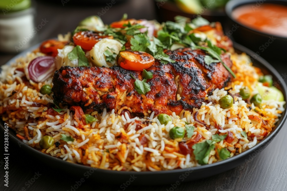 A plate of flavorful shrimp biryani garnished with fresh herbs, combining vibrant spices and textures in a traditional Indian dish. A plate of flavorful shrimp biryani garnished with fresh herbs, combining vibrant spices and textures in a traditional Indian dish.
