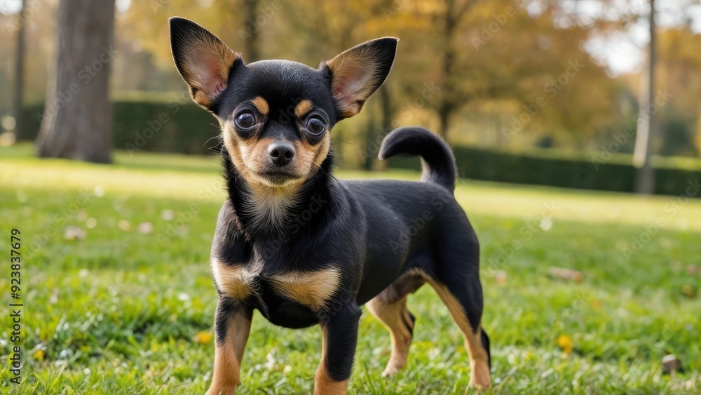Black and tan smooth coat chihuahua dog in the park Black and tan smooth coat chihuahua dog in the park