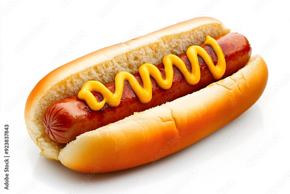A hot dog topped with yellow mustard isolated on a white background A hot dog topped with yellow mustard isolated on a white background