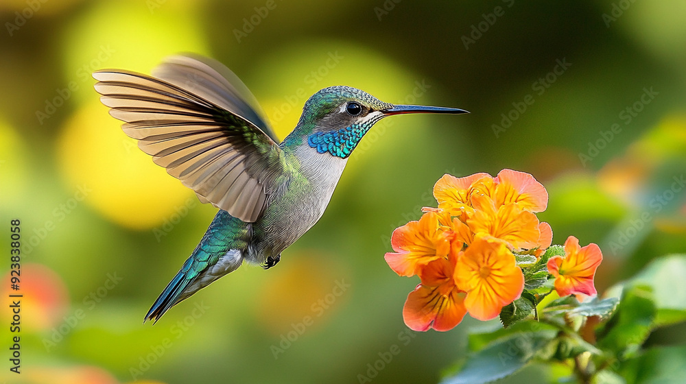 Fototapeta premium A colorful hummingbird hovering near a vibrant flower