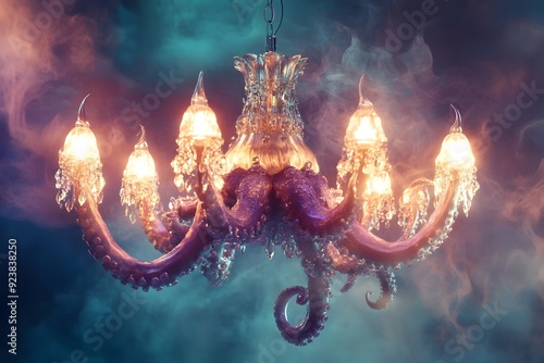 Captivating Chandelier with Octopus Inspired Zoetrope Motion in Mystical Ethereal Lighting photo