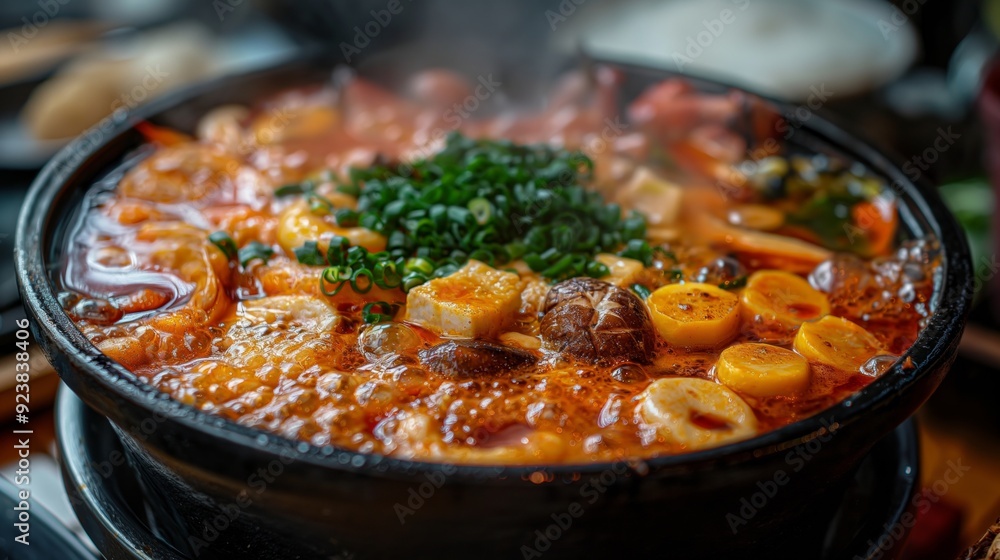 A steaming hotpot filled with shrimp, tofu, mushrooms, and scallions in a flavorful, spicy broth. A steaming hotpot filled with shrimp, tofu, mushrooms, and scallions in a flavorful, spicy broth.