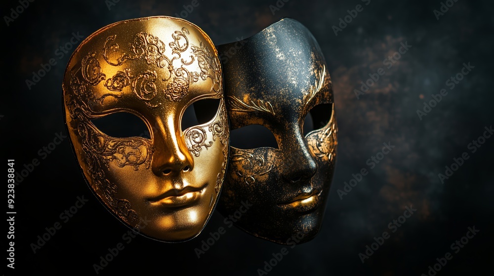 Golden and black ornate masks displayed against a dark background Golden and black ornate masks displayed against a dark background