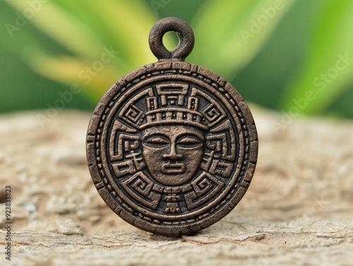 Bronze pendant with intricate circular design, rustic background.