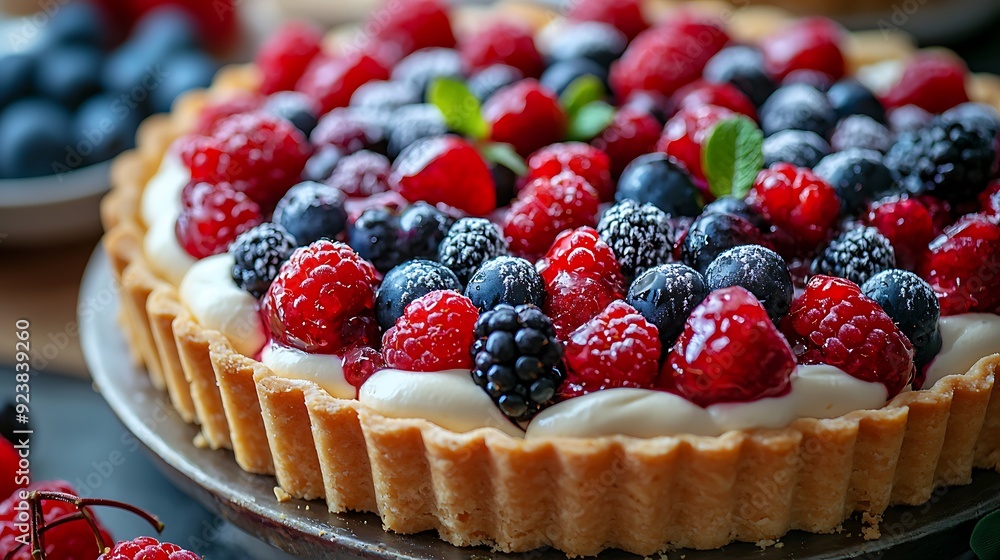A vibrant, close-up photograph of a fresh fruit tart topped with colorful berries and luscious cream, capturing its delicious appeal. A vibrant, close-up photograph of a fresh fruit tart topped with colorful berries and luscious cream, capturing its delicious appeal.