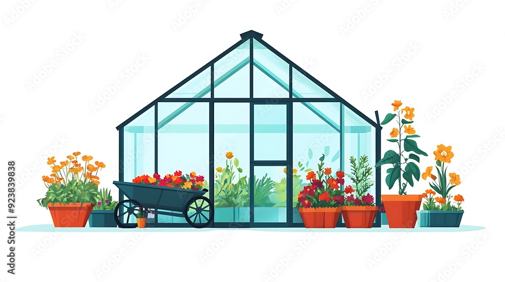 Obraz premium Refreshing Greenhouse Scene with Flower Pots and Wheelbarrow Vector Illustration on White Background in Flat Design