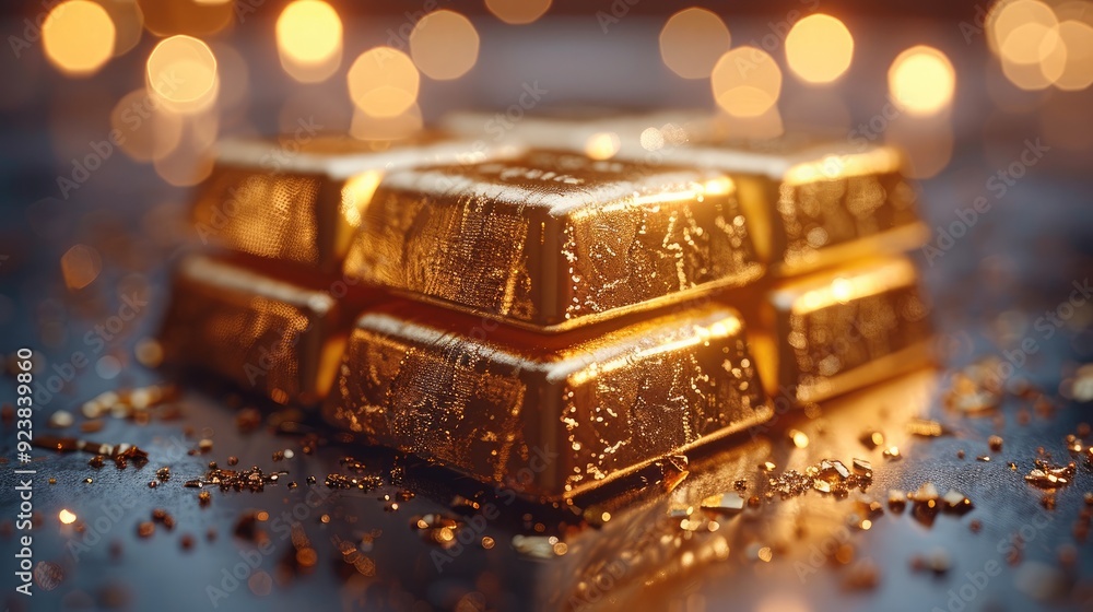 Elegant gold bars stack on reflective plate product. Generative AI. Elegant gold bars stack on reflective plate product. Generative AI.