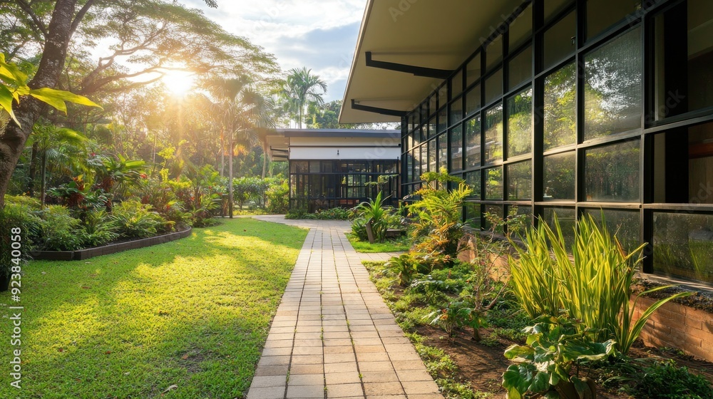 A paved walkway winds through a lush green garden towards a modern glass building. A paved walkway winds through a lush green garden towards a modern glass building.