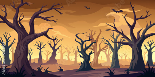 Dead trees vector set, scary autumn bark, dry bare branch silhouette, Halloween spooky forest. Cemetery winter oak wood kit, leafless trunk clipart on white bare roots. Environment icon - Royalty-free