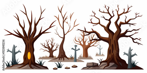 Dead trees vector set, scary autumn bark, dry bare branch silhouette, Halloween spooky forest. Cemetery winter oak wood kit, leafless trunk clipart on white bare roots. Environment icon - Royalty-free