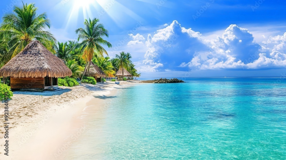 Naklejka premium Serene Tropical Beach with Palm Trees, Crystal Clear Water, and Sunny Blue Sky