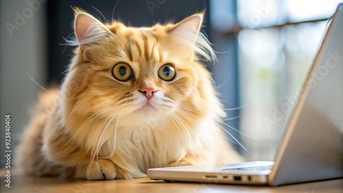 Wallpaper Mural Curious yellow British Longhair cat fixes gaze on computer screen, eyes wide with fascination, trying to make sense of mysterious digital activities unfolding before it. Torontodigital.ca