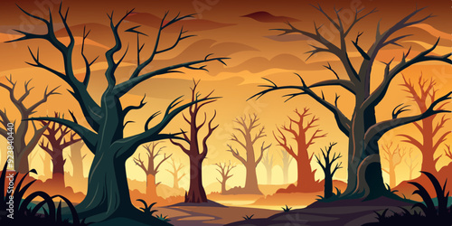 Dead trees vector set, scary autumn bark, dry bare branch silhouette, Halloween spooky forest. Cemetery winter oak wood kit, leafless trunk clipart on white bare roots. Environment icon - Royalty-free