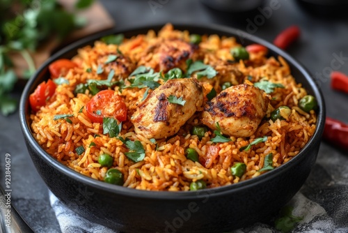 A bowl of flavorful chicken tikka masala served over basmati rice, garnished with fresh cilantro, representing a classic Indian dish.