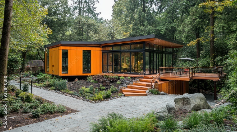 Modern home with large windows and a wooden deck surrounded by lush greenery. Modern home with large windows and a wooden deck surrounded by lush greenery.