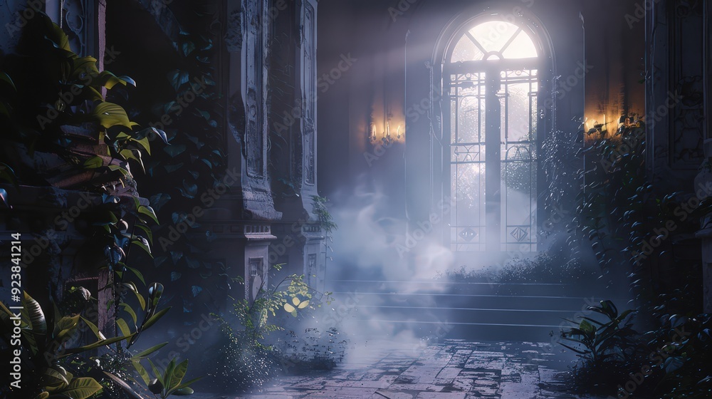 Enchanted woods bathed in moonlight, shadows dance on mist-shrouded trees Enchanted woods bathed in moonlight, shadows dance on mist-shrouded trees