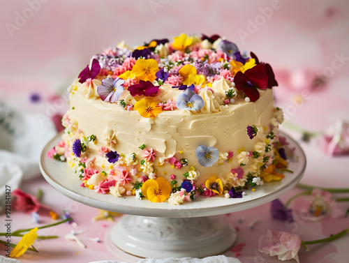 Colorful birthday cake adorned with vibrant edible flowers in shades of pink, purple, and yellow.