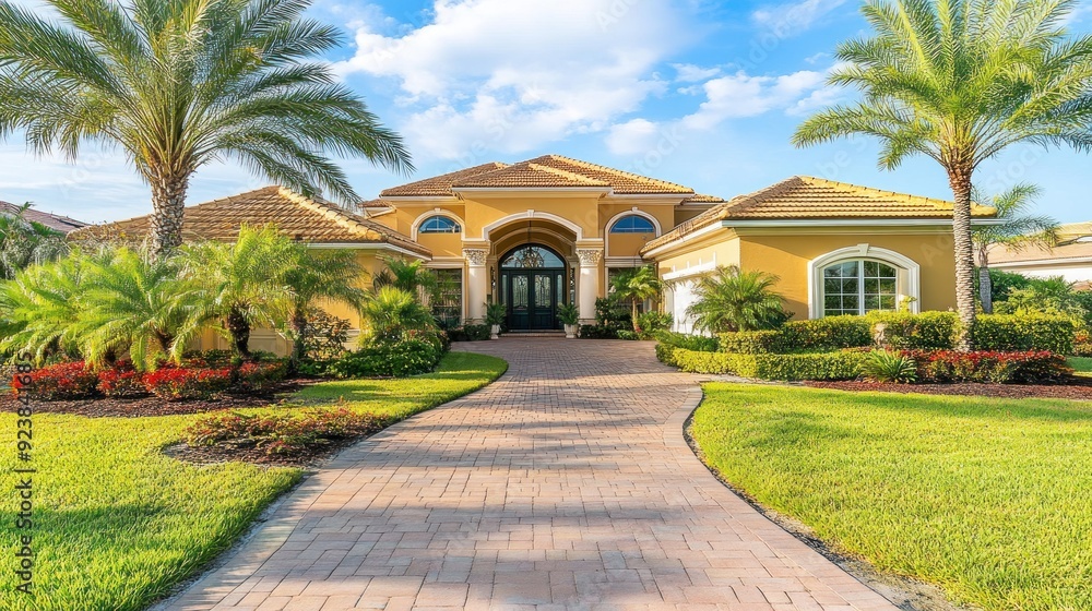 Naklejka premium A beautiful yellow home with a lush, green lawn and palm trees, showcasing the elegance of a Mediterranean-inspired architectural style.