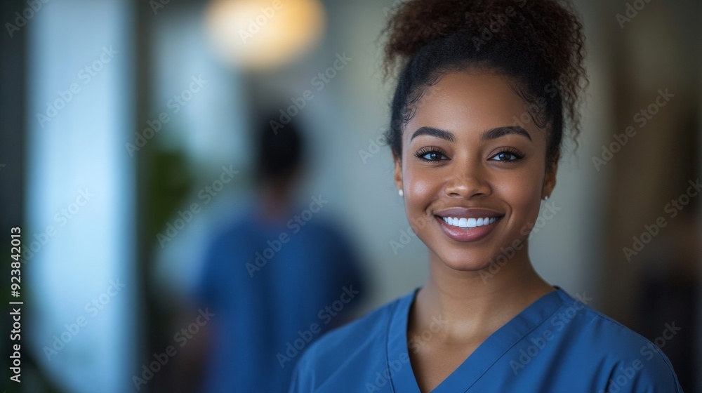 Smiling African American Nurse in Blue Scrubs Offering Healthcare Services Smiling African American Nurse in Blue Scrubs Offering Healthcare Services