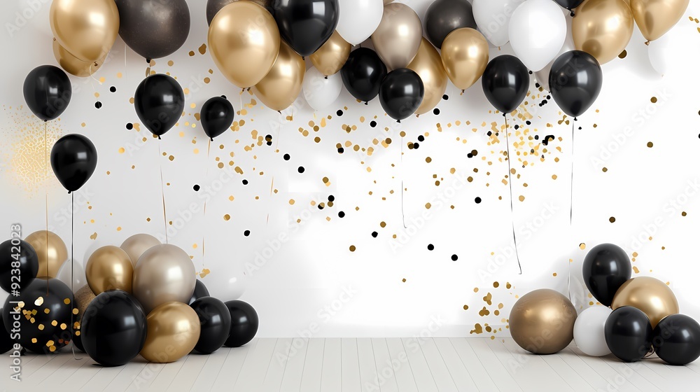 Black, gold, and white balloons with confetti create a chic and festive celebration atmosphere. Black, gold, and white balloons with confetti create a chic and festive celebration atmosphere.